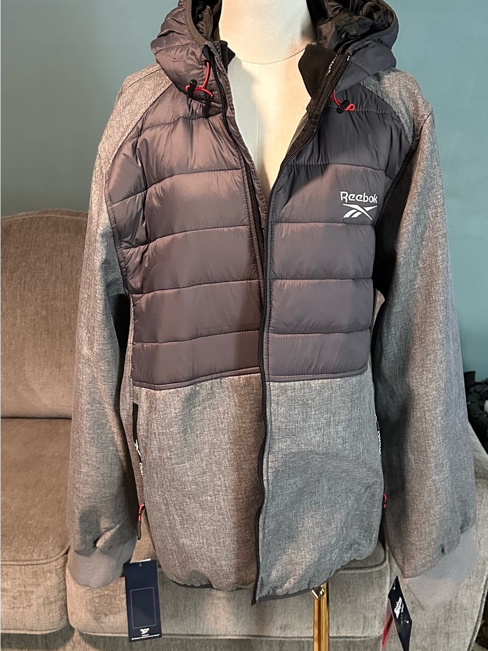 Reebok Men’s Black & Gray Quilted Hooded Puffer Jacket